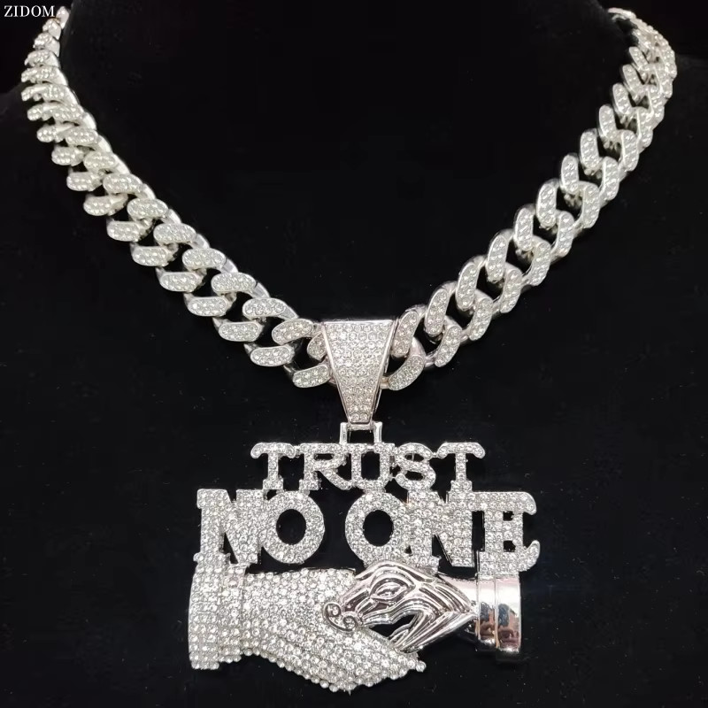 Men Women Hip Hop Trust no one Pendant Necklace with13mm Cuban Chain Hiphop Iced out pendant Neck