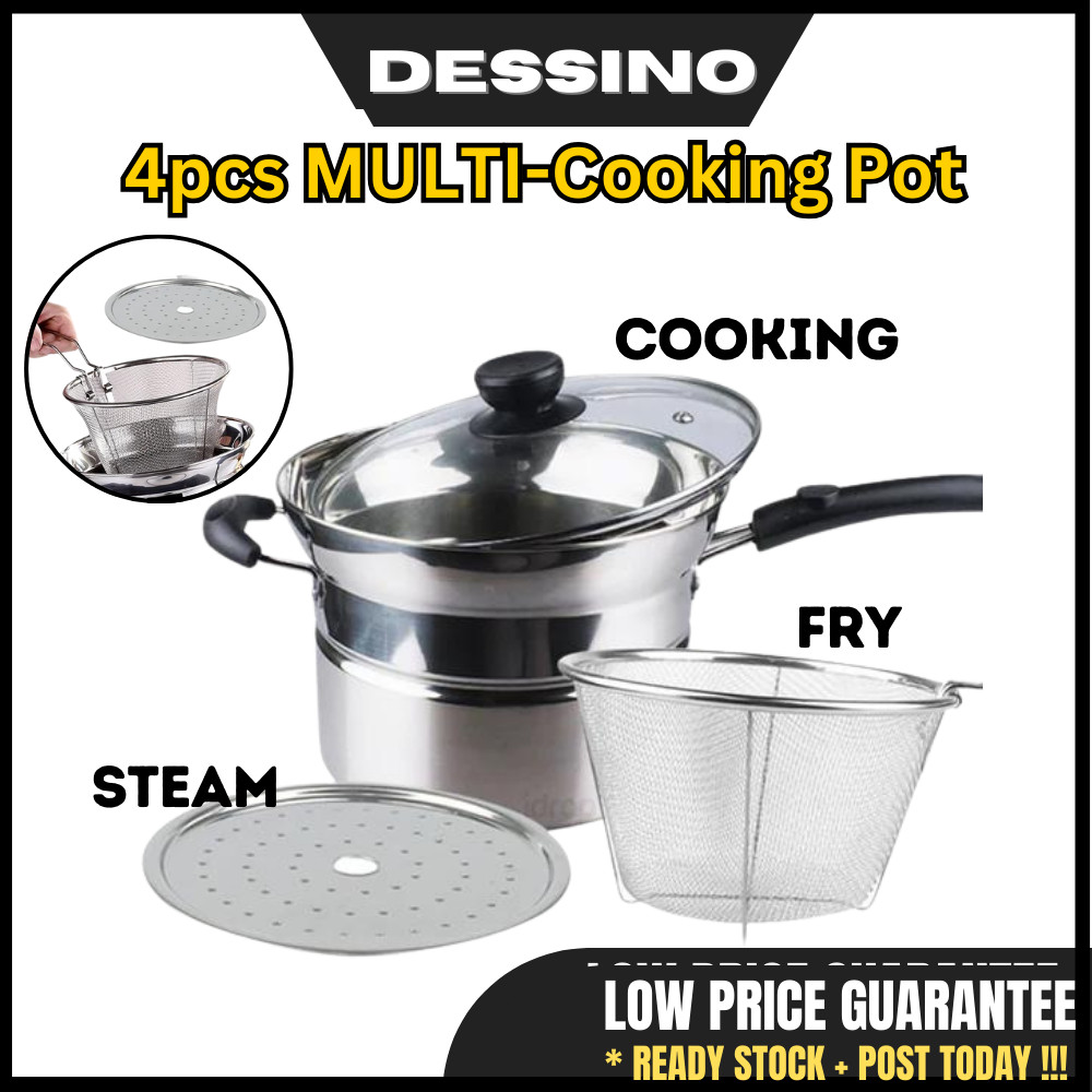 DESSINO 22CM Multifunction Cooking Pot Pan Deep Fry Fryer Steam Stew Pot Pan Cookware (4 Pcs)