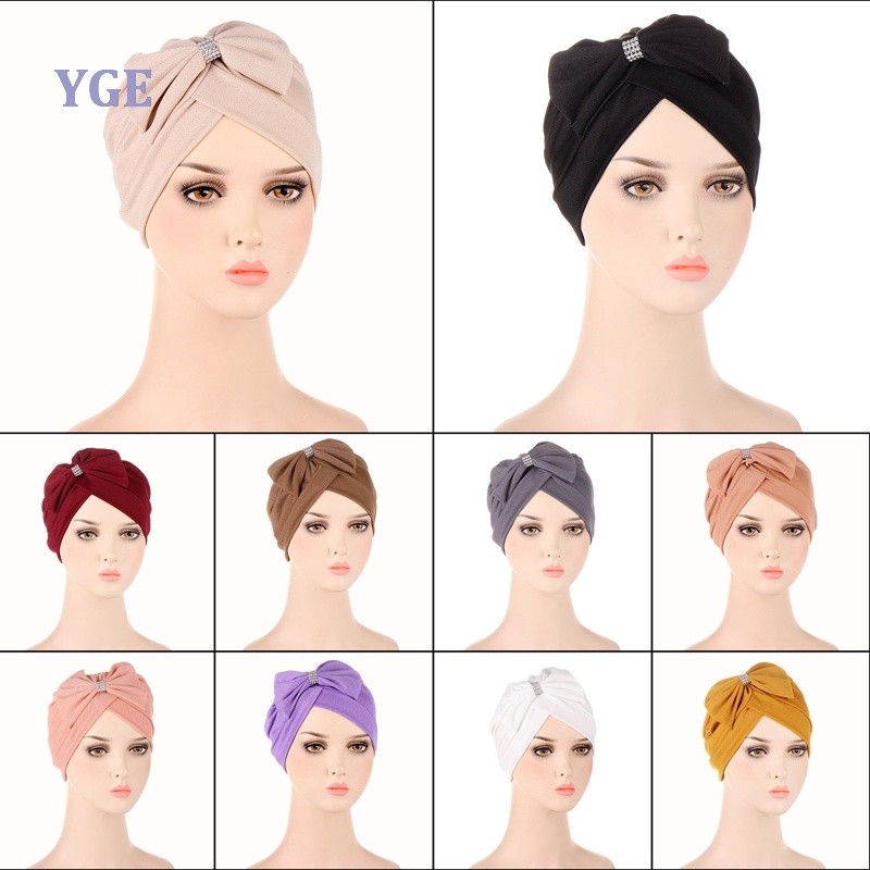 Yonger 1Pc Women'S Muslim Pure Color Bow Tie Turban Hat Chemotherapy Cap Stretch Head Wrap Hat India Hijabs Cap