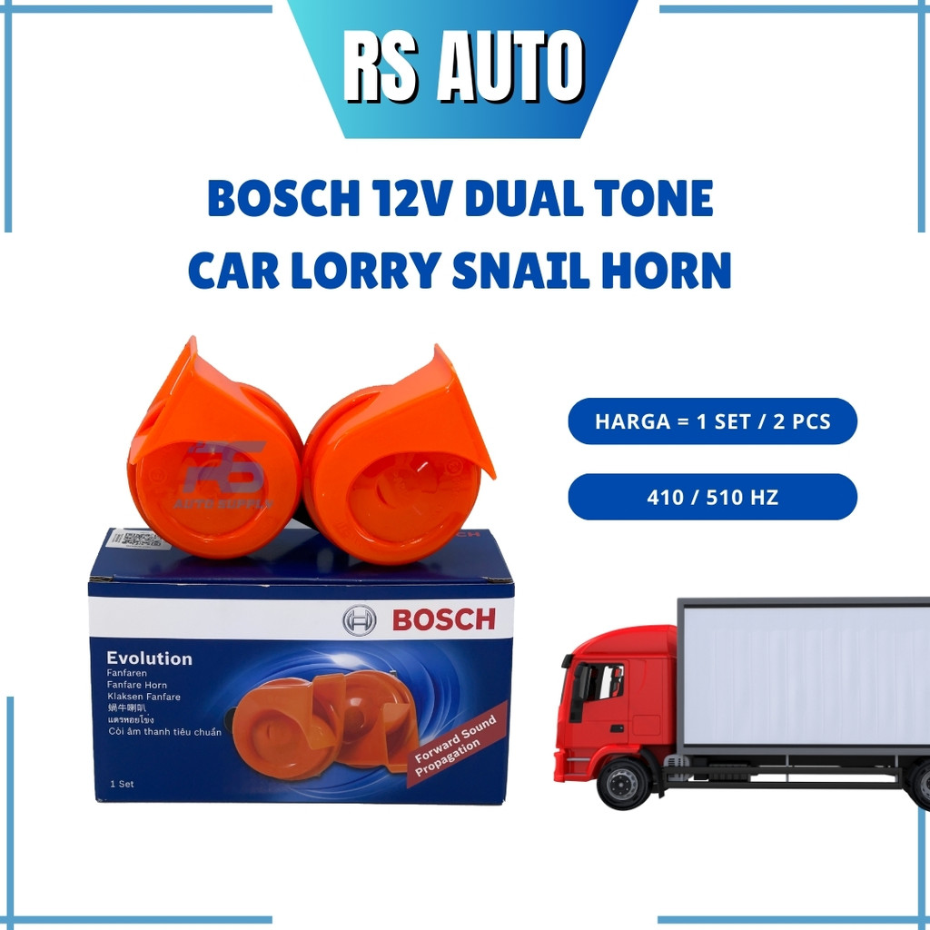 BOSCH 1set 12V 410/510HZ 105-118dB Evolution Compact Dual Tone Car Snail Horn Hon Siput Kuat Kereta Lori Motor (2pcs) CS