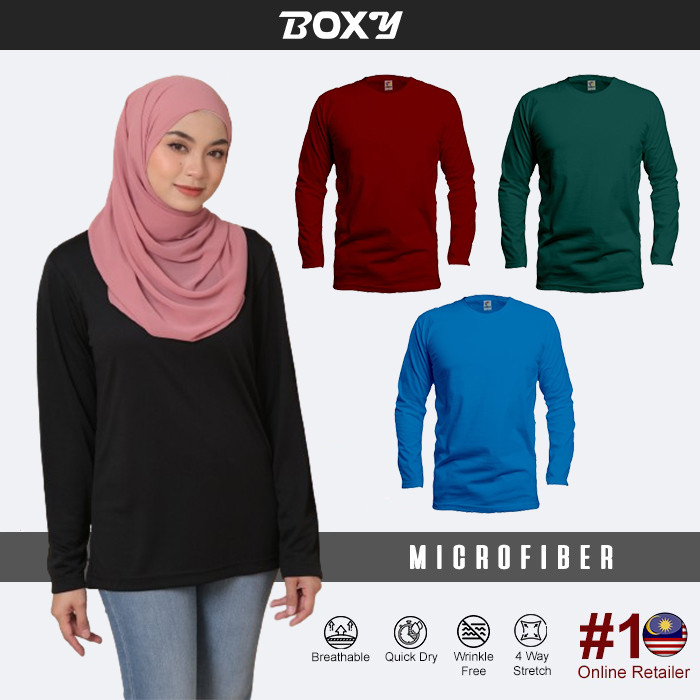 BOXY Unisex Microfiber Round Neck Plain Forest Green/Maroon/Black/Sea Blue XS-3XL Long Sleeve T-Shirt | Baju Kemeja