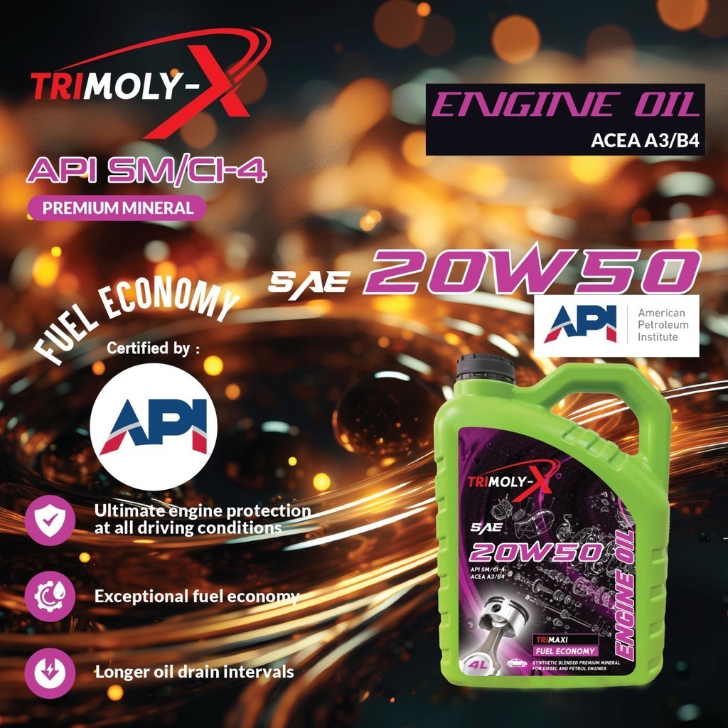 TRIMOLY-X TRIMOLYX 20W50 MINERAL ENGINE OIL API SM/CI-4 4L Car Lubricant Minyak Hitam Minyak Enjin Kereta Proton Perodua