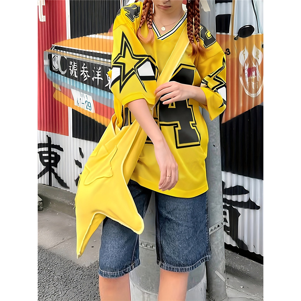 Women'S Retro Jersey Tee - Bright Yellow V-Neck Loose Fit with Number 24 Print, Casual Summer Top for College Style, All-Season Comfort, Casual Wear | Vneck | Comfortable Fit