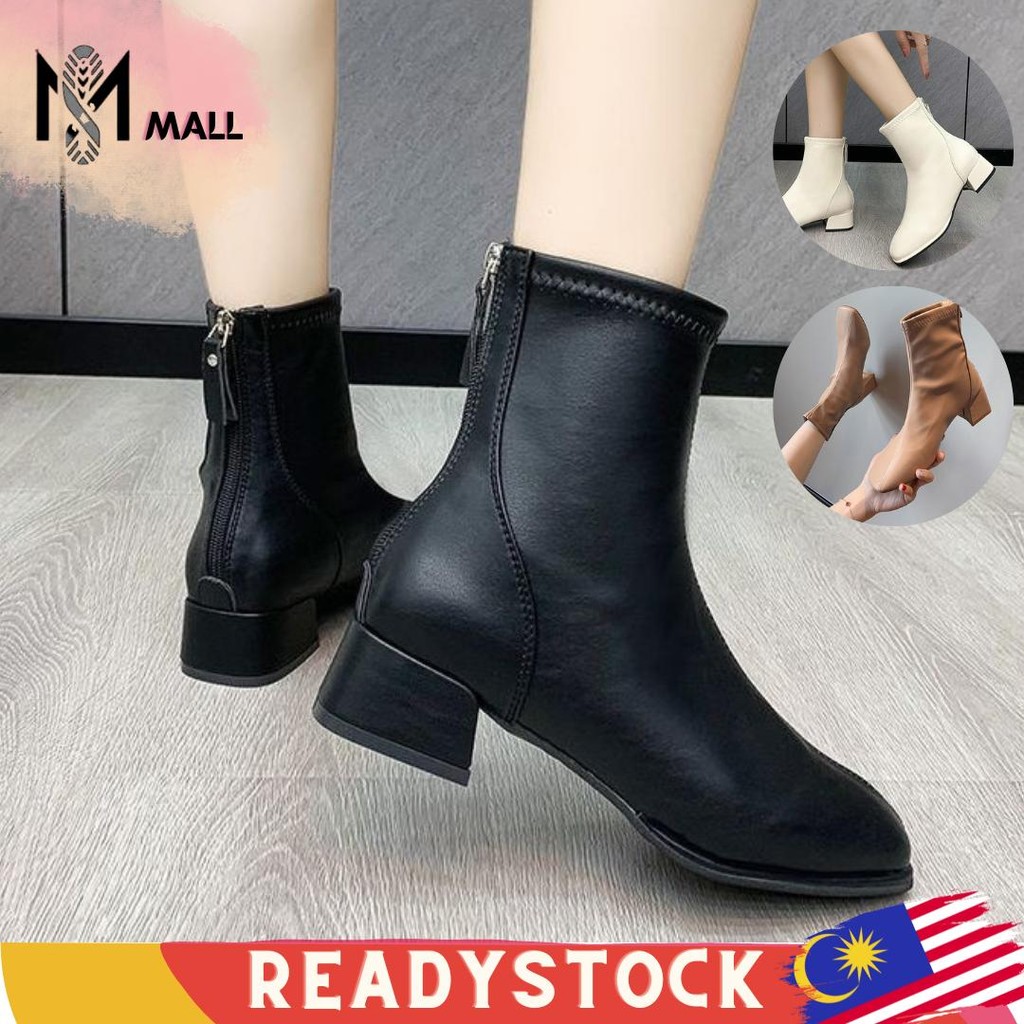 SM Women Shoes Martin Winter Boots Square Toe Thick High Heels Ankle Back Zip Tube Kasut Perempuan Fashion