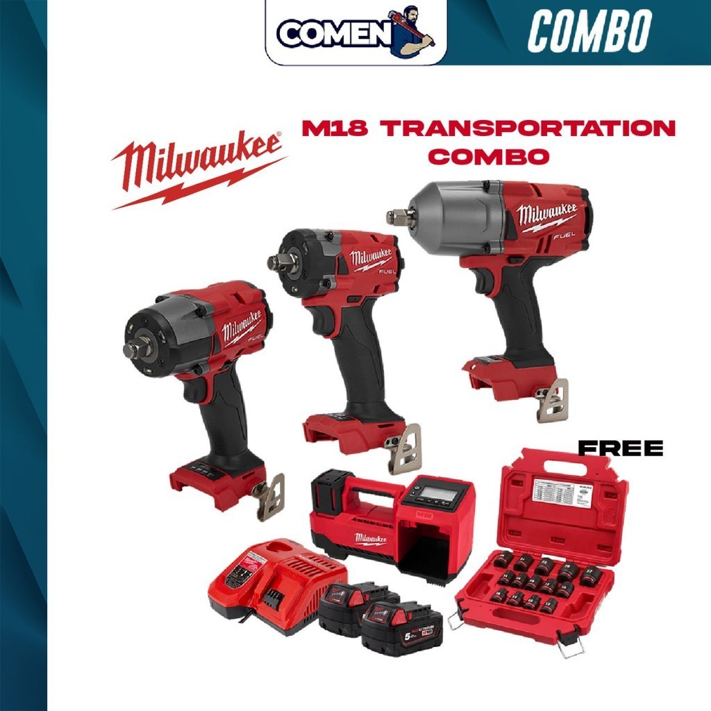 MILWAUKEE M18 Transportation Combo Automotive Mega Combo Automotive Solutions Impact Wrench Combo Heavy-Duty Inflator