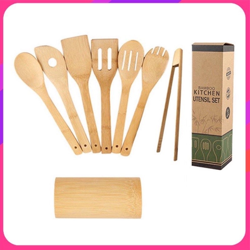 8 in 1 Eco Friendly-Bamboo Kitchen Utensil Set Tool Kitchenware (Bamboo Utensil Holder Included)