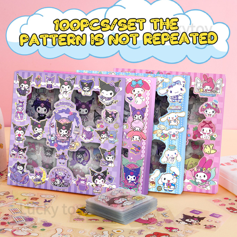 【Ready Stock ??】100pcs/Set Kuromi Sticker Box For Kids Girls Sanrio Cute Set DIY Gift Box Cinnamoroll Melody Cartoon Stickers Box Waterproof Cute Sticker