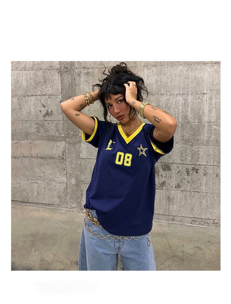 European American Style American Retro Street Baseball Letter Stripes oversize Short-Sleeved T-Shirt Women Trendy