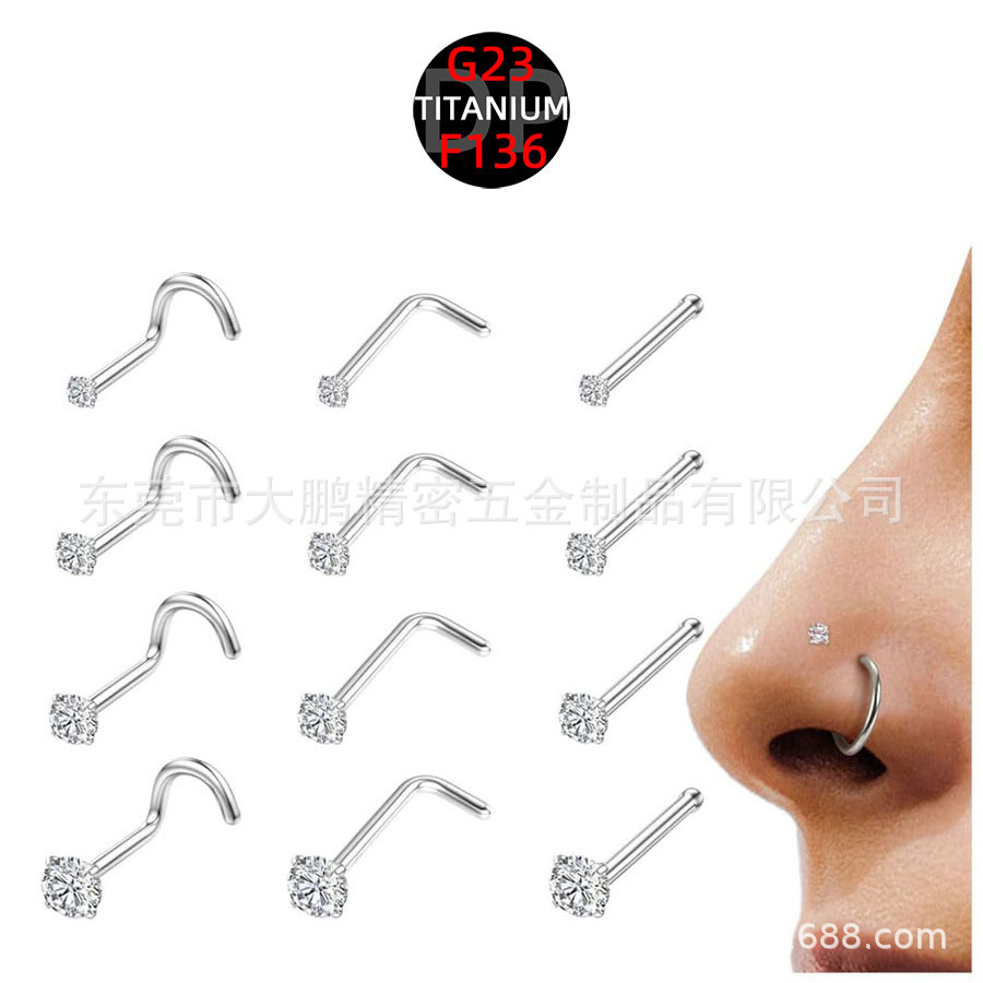 Implant-Grade F136 TITANIUM Alloy Nose Nail 4-Claw Drill 5A zircon S Rod L 1-Shaped Human Body Model