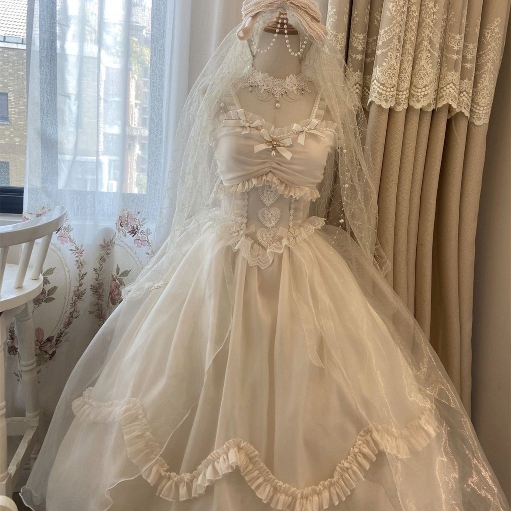 【Ready Stock】Ready Stock 2023 Her Royal Highness Princess Lolita Wedding Large Skirt Strap Wedding Dress Bow Tail Dress