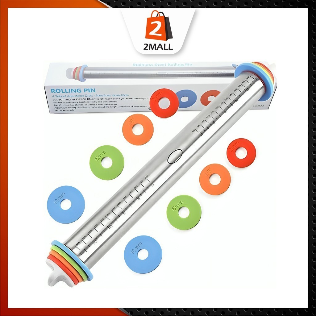 2MALL 304 Stainless Steel Roll 17 inch Adjustable Rolling Pins for Baking Cookie Chapati Fondant Dough Pastry