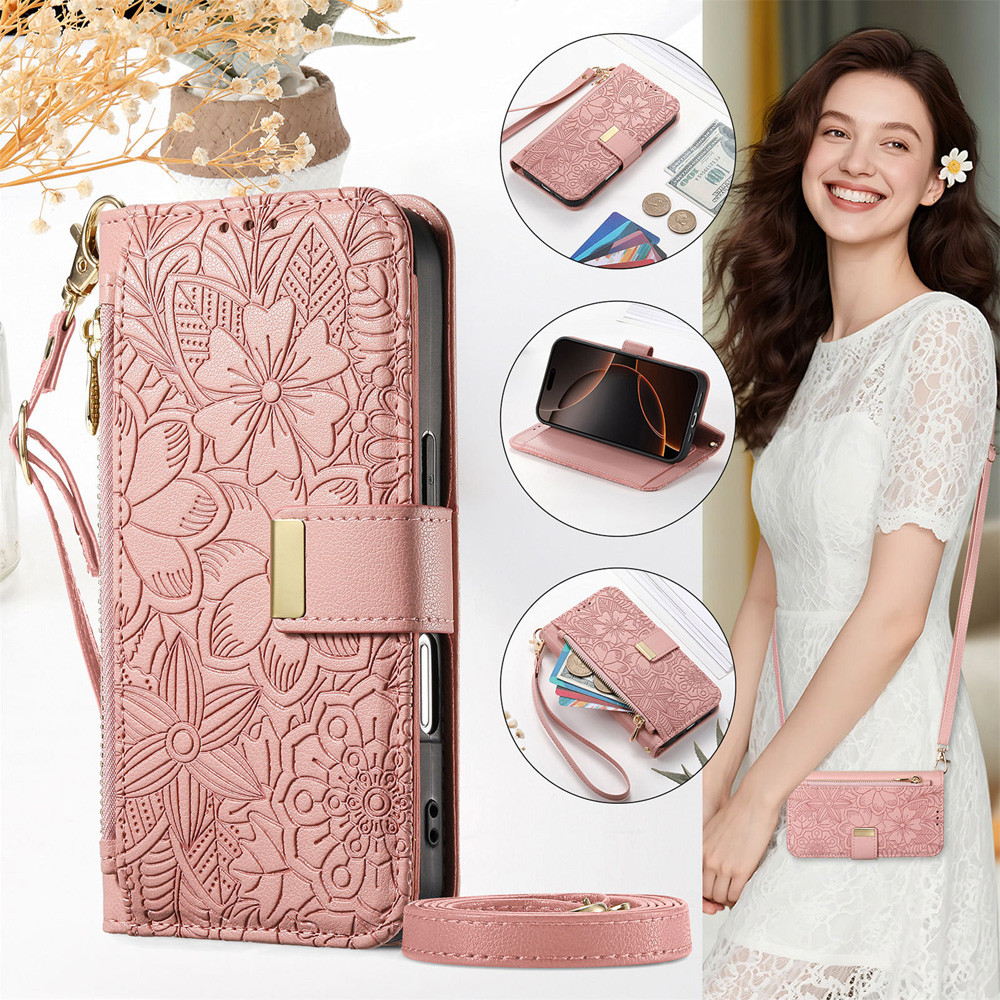 Wallet Phone Case for Samsung Galaxy A17 A07 A06 A36 A56 A57 A37 A26 A54 A16 A55 A25 A23 A34 A15 A14 Leather Flower Embossed Fashion Multi-functional Zipper Flip Cover
