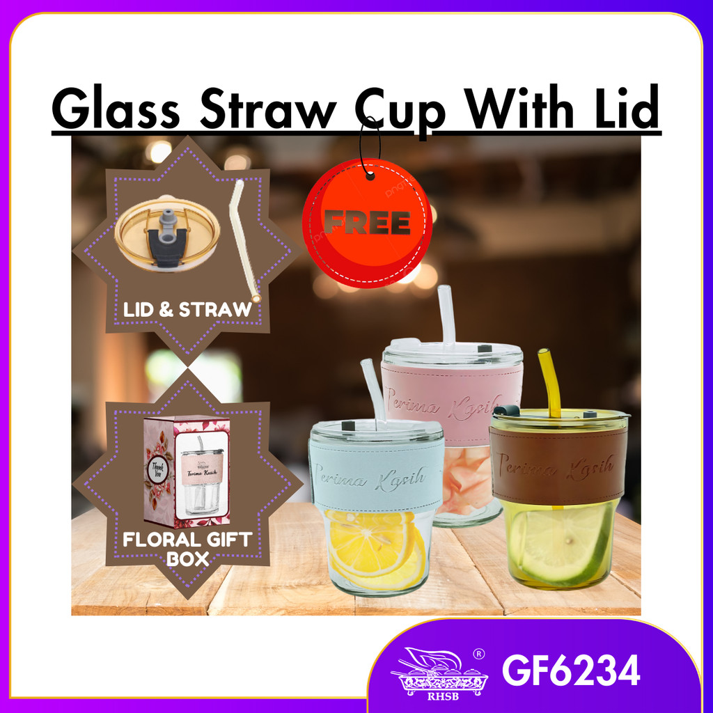 GLASS STRAW CUP WITH LID/ TRAVEL MUG/ HEAT COLD RESISTANCE ICED WATER BOTTLE/ MUG KACA/ DOORGIFT KACA/ CAWAN KOPI COMEL