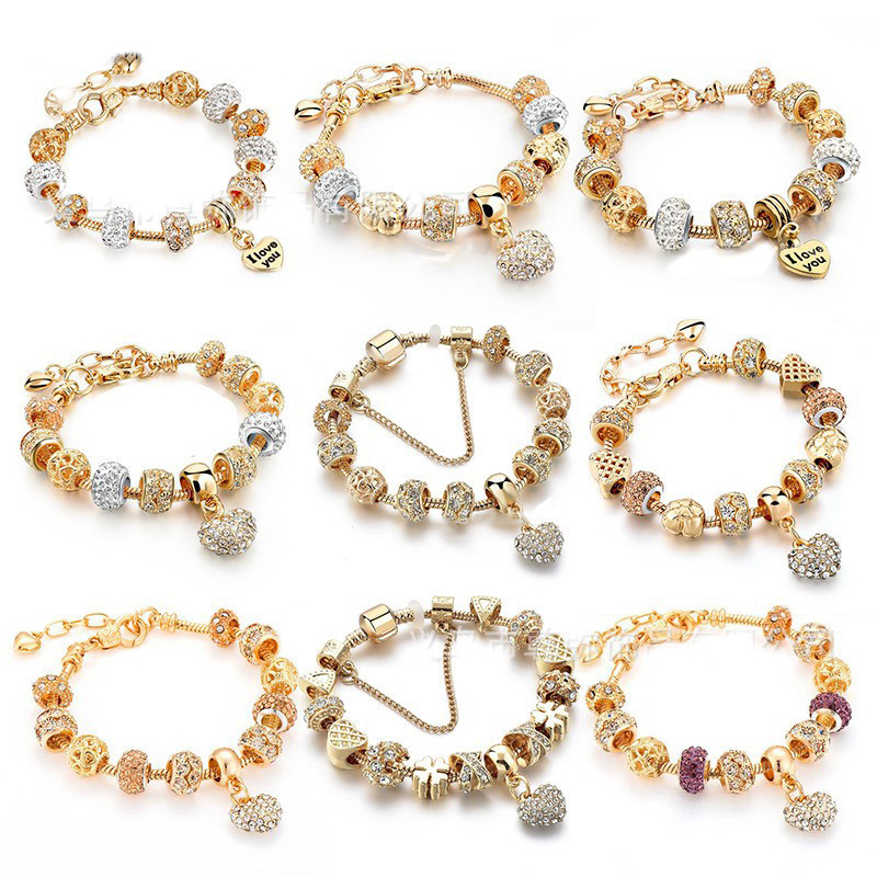 Golden New Style Full Diamond Heart Color Preservation Gold Plated Beaded Bracelet Women