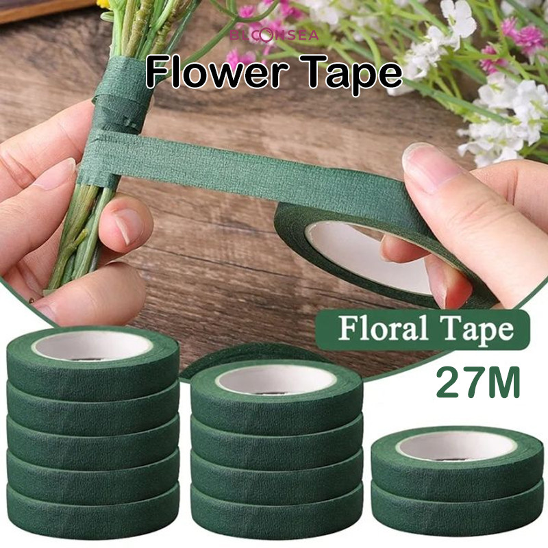 Flower Tape 27M Self Adhesive Green Floral 12mm Wreaths Craft Ribbon Crepe Stems Sticks Pelilit Bunga Riben Bunga Telur