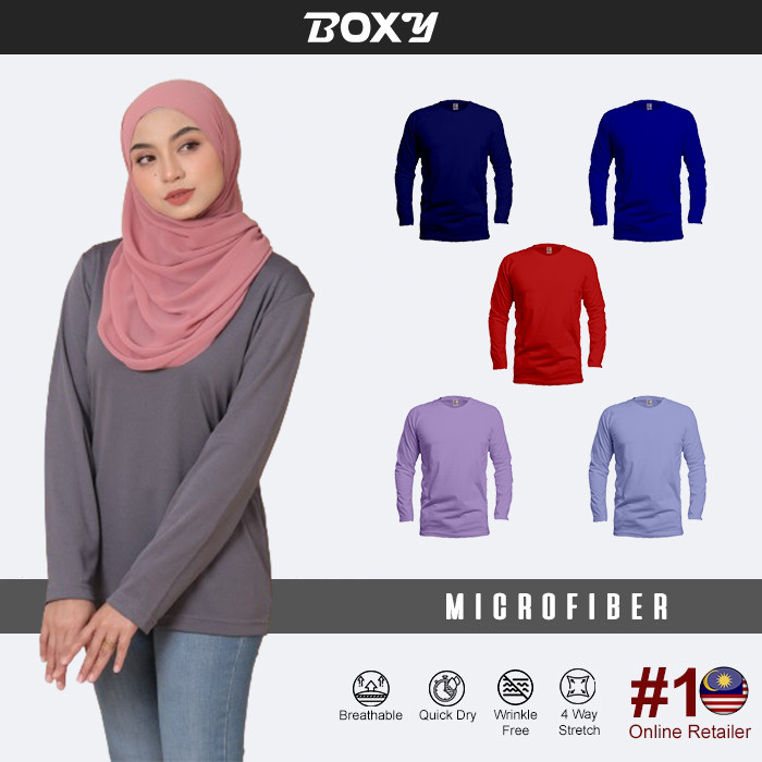 BOXY Unisex Microfiber Round Neck Plain Grey/Navy/Red/Royal/Dusty Purple/Peri Blue XS-3XL Long Sleeve T-Shirt