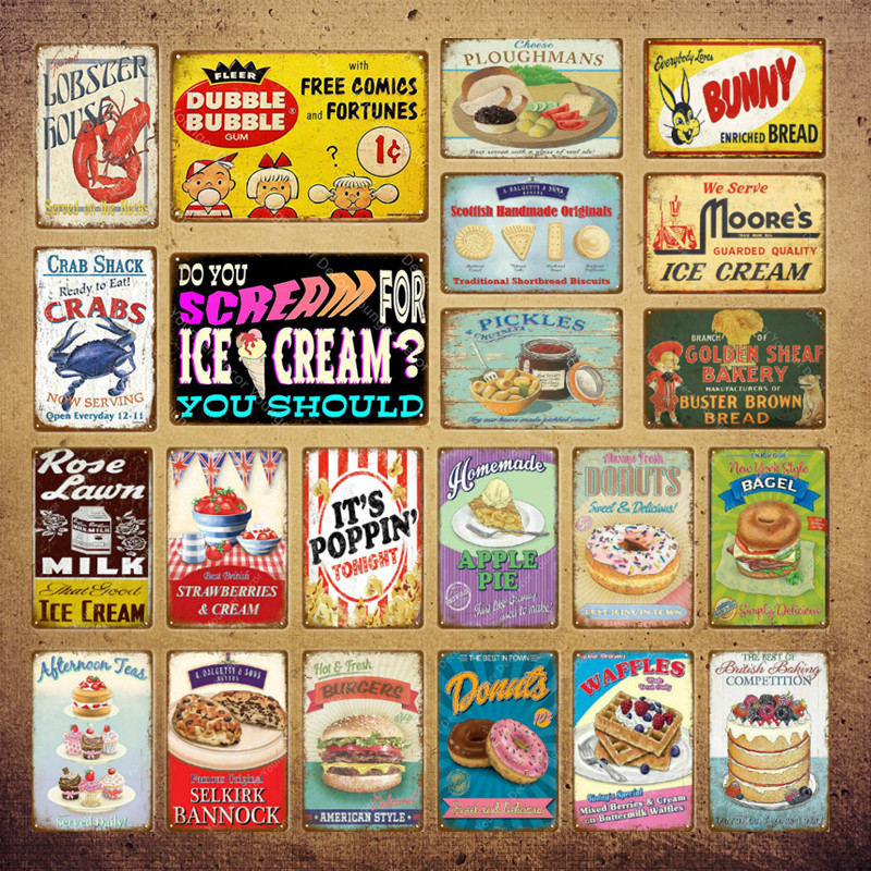 Food Bread Decor Ice Cream Milk Strawberries Pickles Waffles Ploughmans Metal Tin Signs Vintage Poster Wall Art Plaque YI-010