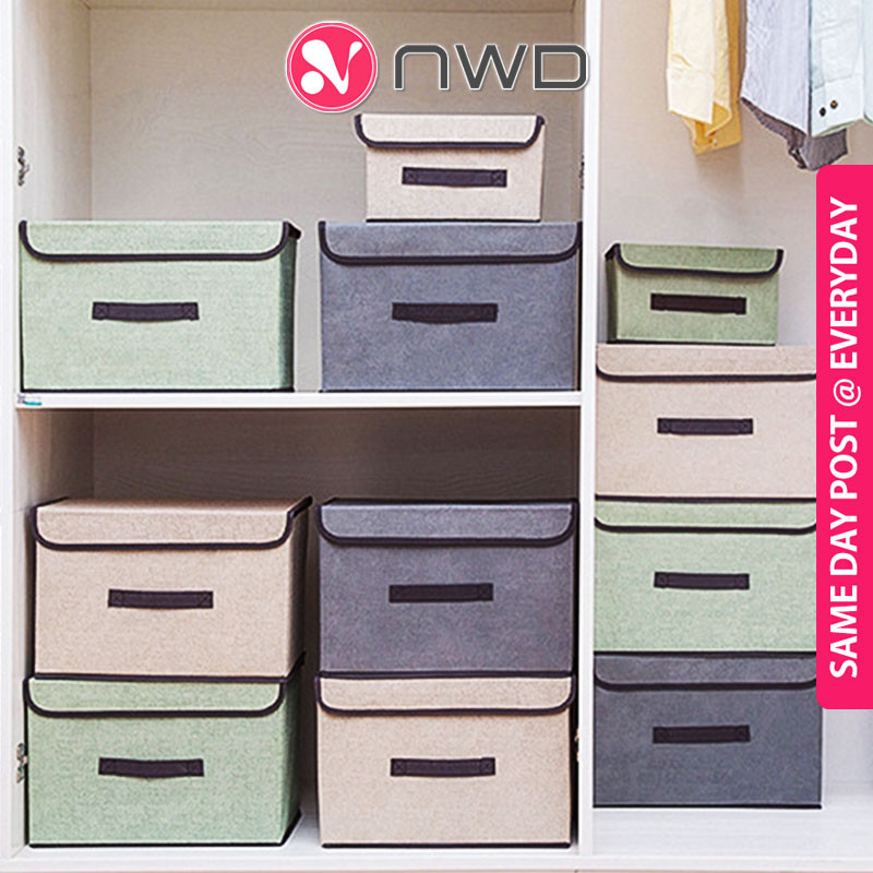 《 》 Korean Foldable Non-woven Wardrobe Linen Collapsible Storage Box Sock Clothes Basket Kotak Simpanan 亚麻储物盒