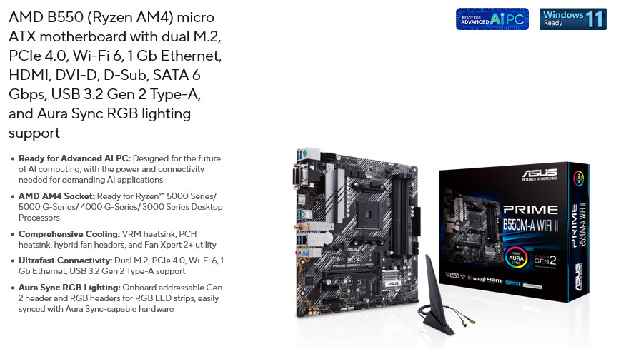 ASUS TUF GAMING B550M-PLUS WI-FI II socket AM4 moederbord RAID, Gb-LAN, WiFi 6, BT, Sound, µATX
