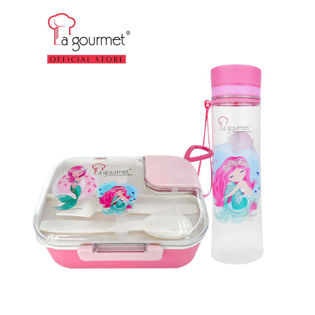 La Gourmet Sassy Kid 1100ml Plastic Rectangular Lunch Box with Cutleries + 1000ml Tritan Bottle - Mermaid