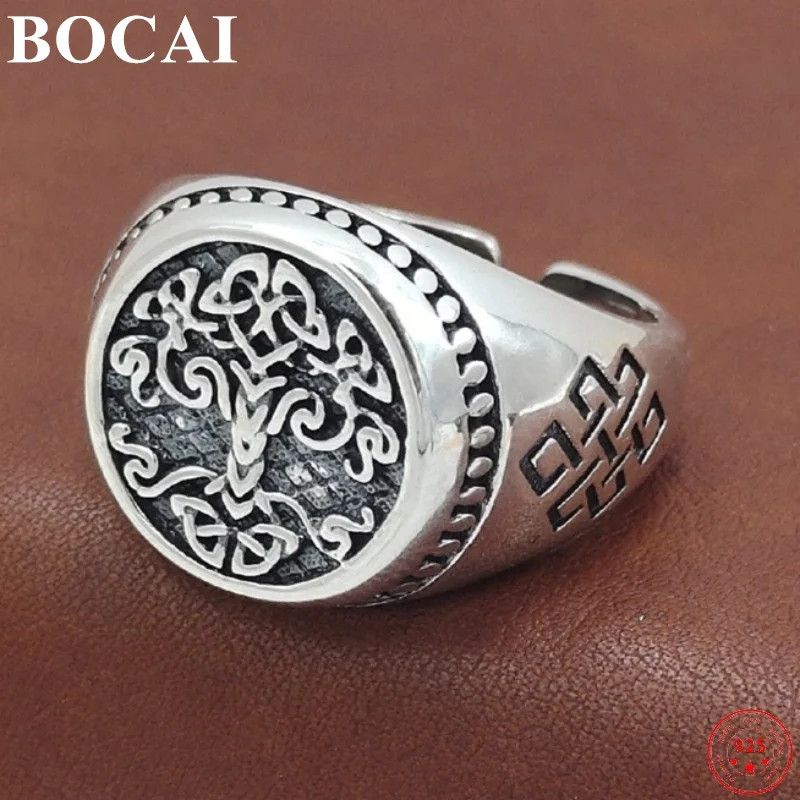 Bocai S925 Sterling Silver Ring New Fashion Charm Tree of Life Totem Adjustable Argentine Hand Jewelry for Men Women Lov