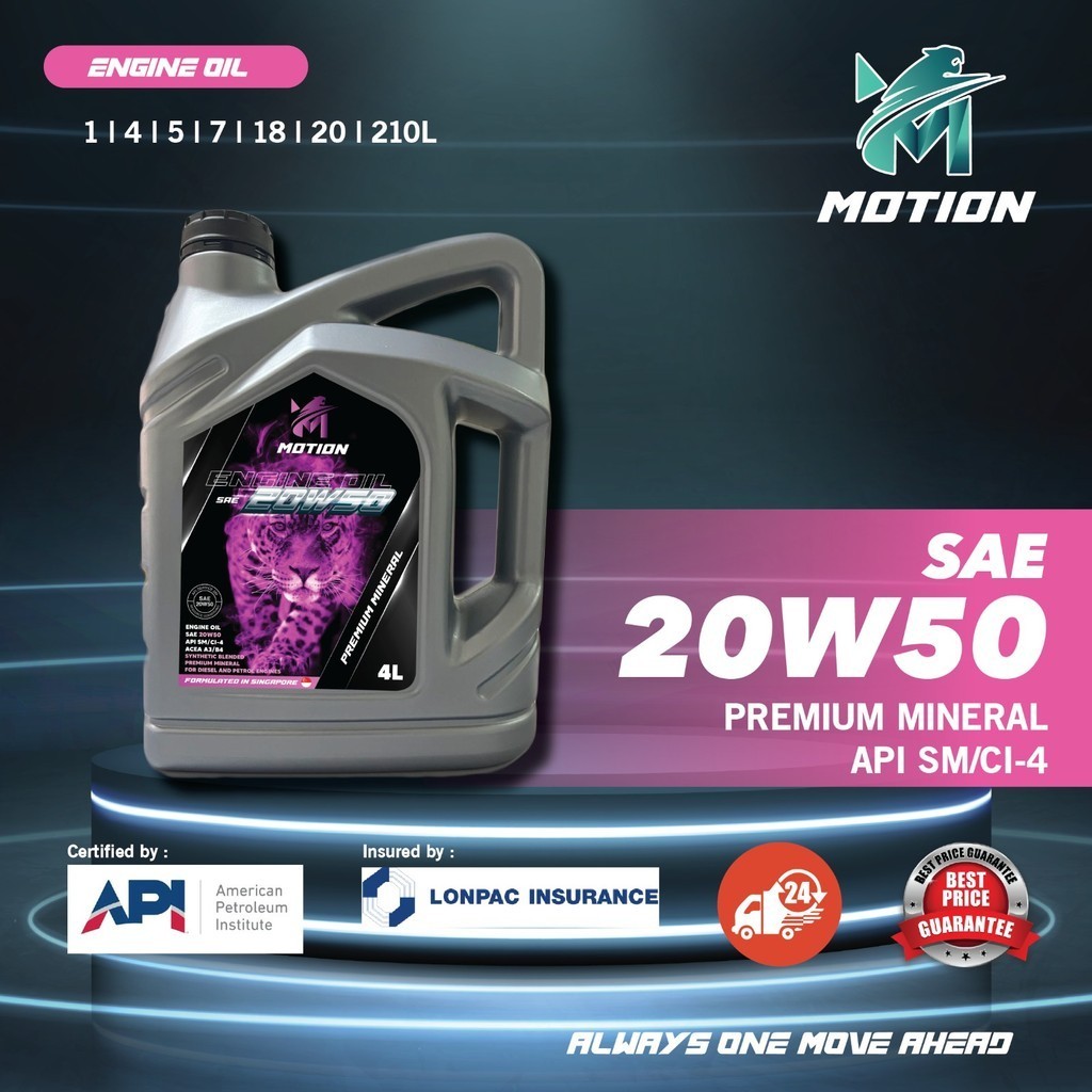 MOTION 20w50 4L API SM MINERAL Petrol Diesel Engine Oil Car Lubricant Minyak Hitam Enjin Kereta Proton Perodua Toyota