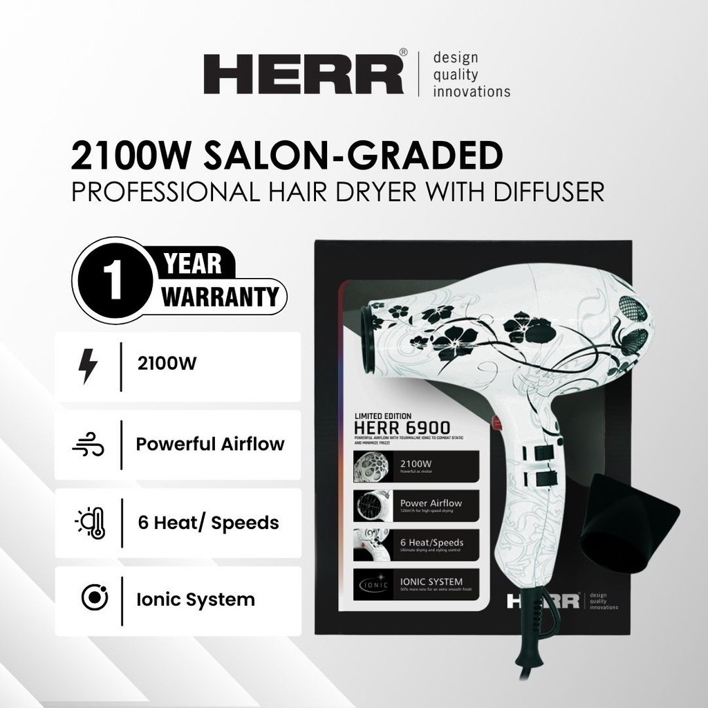 HERR 6900 2100W Professional Salon Ionic Hair Dryer with Diffuser/ Ionik Pengering Rambut Salun (LIMITED EDITION) (JS）