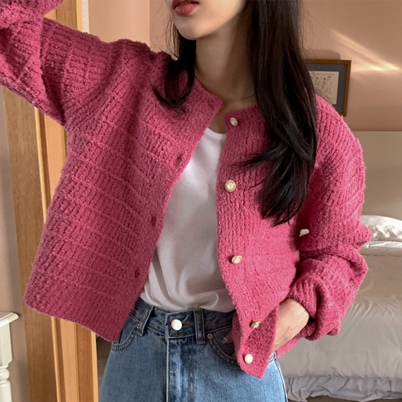 Fresh and Simple Twisted Knitted Sweater Long Sleeve Casual Style with Buttons Versatile Pink Color