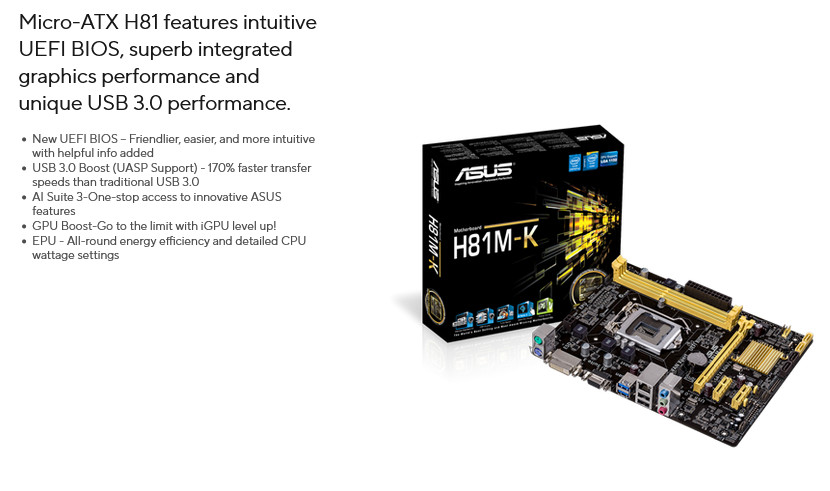 Asus H81M-K Micro ATX Motherboard Intel LGA1150 Socket M-ATX