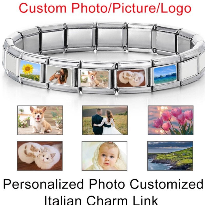 1pc Italian Charm Personalization Bulk Customized Picture Photo Link Fit 9mm Stainless Steel Bracelet DIY Beads Jewelry