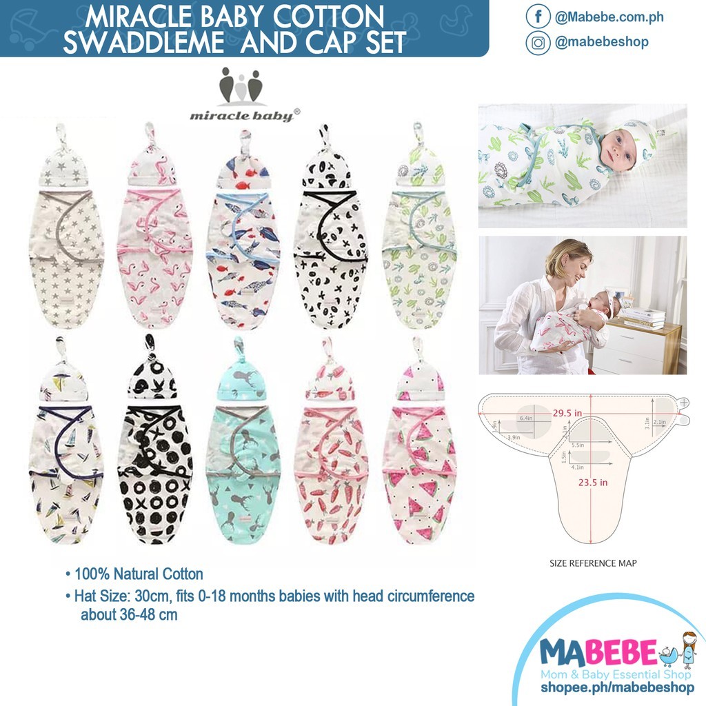 in stock Mabebeshop Miracle Baby 100% Cotton Swaddle & Cap set for 0-3 months -Choose Design