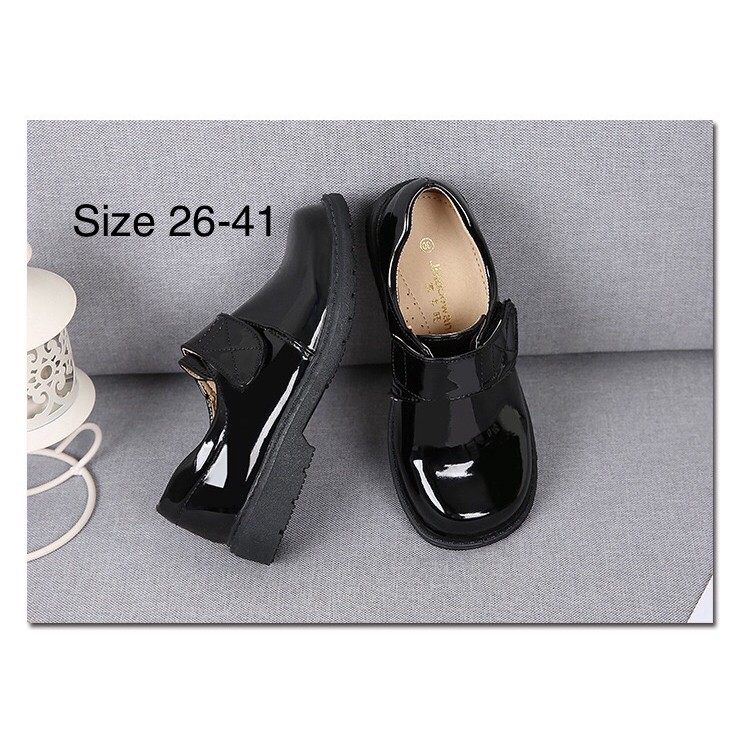 in stock [READY STOCK] 3-15Y Boy Black Smart Glossy PU Leather Concert Performance Formal Cover Shoe (size 26-41)