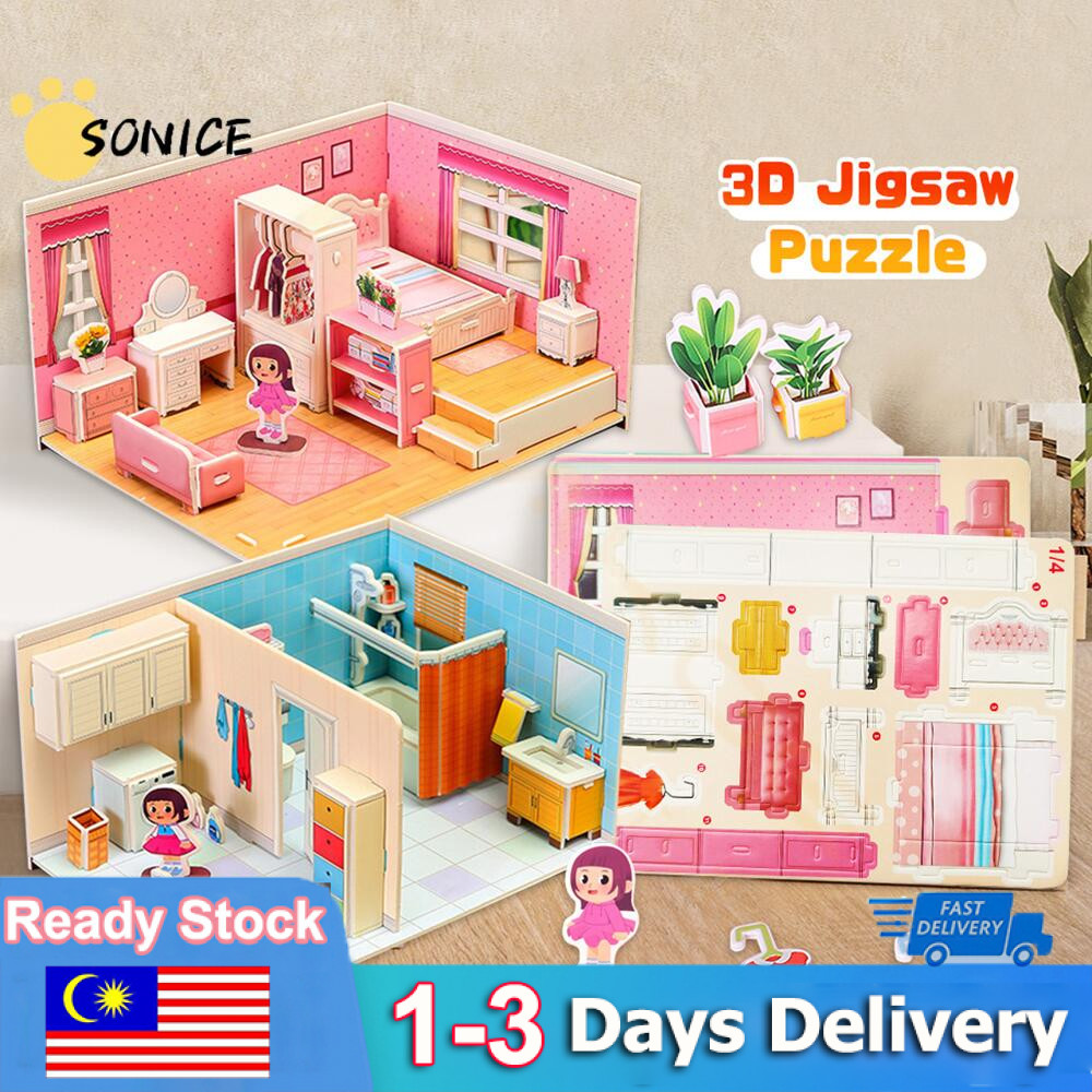 Kids 3D Dollhouse Puzzle Set Cartoon Miniature House DIY Kit Cut-free Handmade Mall Bedroom Kitchen Build Toys