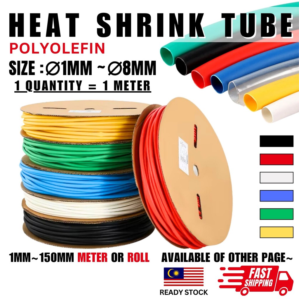 Meter: 1MM~8MM Ratio 2:1 Heat Shrink Insulation Tubing Tube Wrap Wire Cable Sleeve Shrinkable Red Black Clear Polyolefin