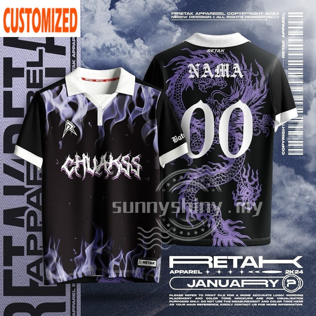 Jersey Viral Dragon Dress Jersey Custom Name Number New Flame Design Jersey Retro Collar Football Custom Jersey Malaysia Jersi