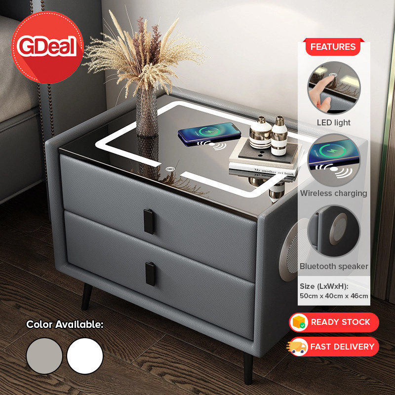 GDeal Smart Bedside Table Wireless Charging Bluetooth Speaker Bedroom LED Light Small Storage Cabinet