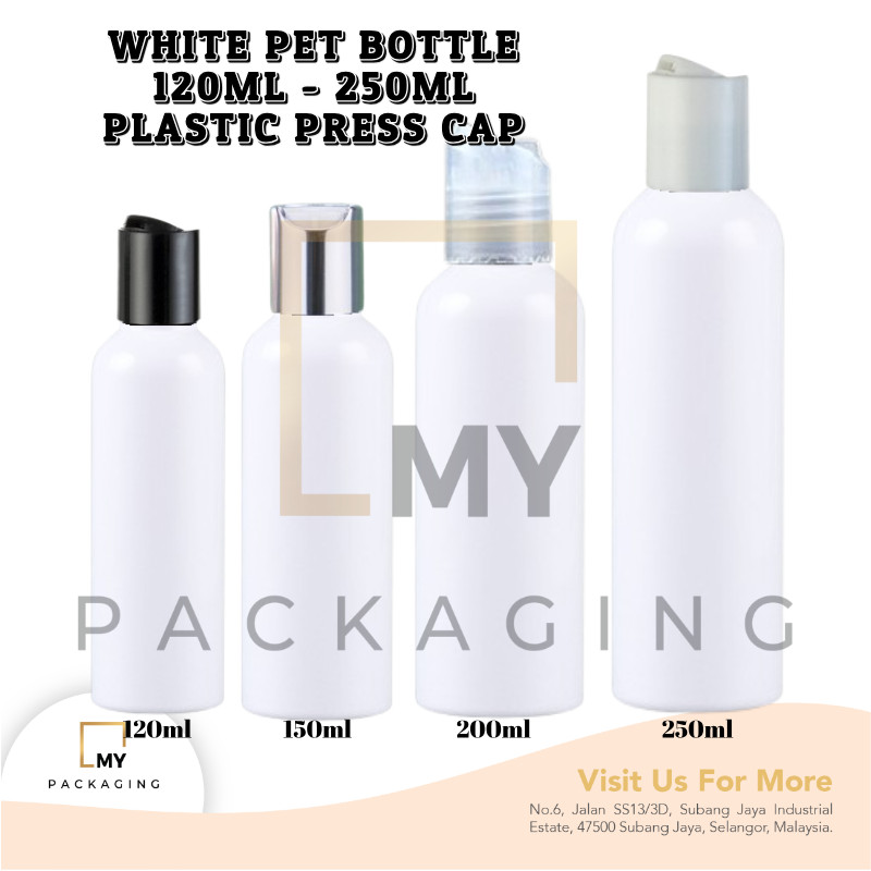 White Pet Bottle 120ml to 250ml with Press Cap packaging for toner shower shampoo and beauty products cosmetic bottle