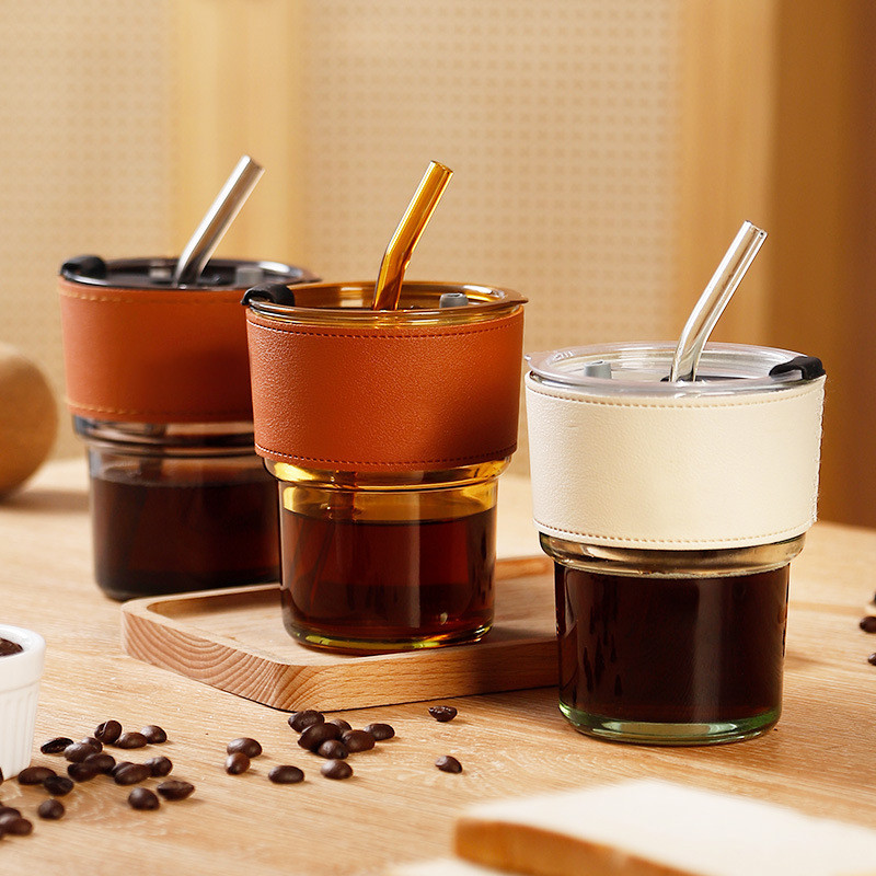 Portable Transparent Glass Straw Cup Portable Heat Resistant Coffee Mug With Lid Travel Drinking Mug