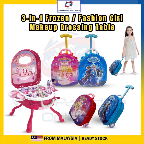 3-In-1 Frozen Makeup Dressing Table Toy Set Girls Princess Make up Suitcase Trolley Kids Pretend Play Set Gift for Kids