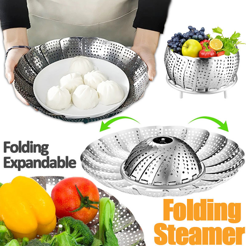 Ship 24H Food Steamer Rack Stainless Steel Steamer Basket Retractable Vegetable steamer Fruit Folding steamer Drain Plate Kitchen Tool 蒸架