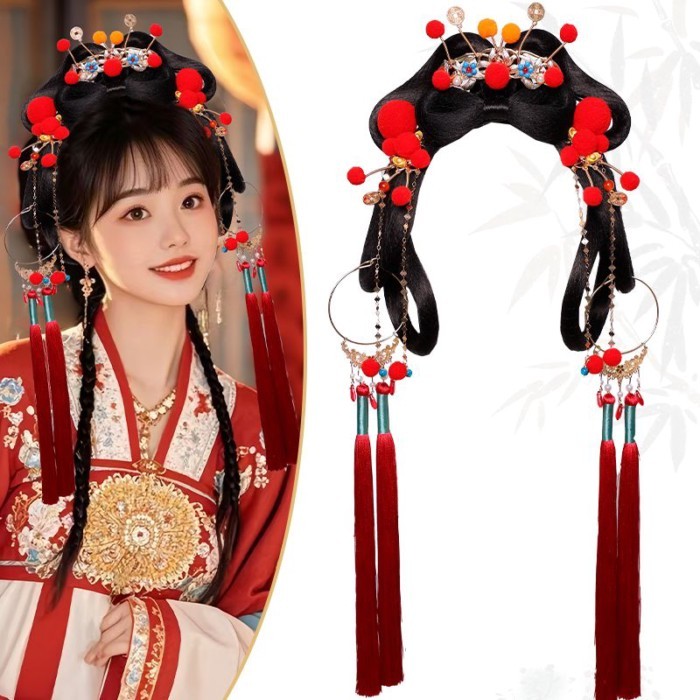 Hanfu Wig Bag One-Piece Full Set Headdress God of Wealth Cute Ancient Style Ming Made Bun Styling Ancient Costume Hair Bag Cushion Hair