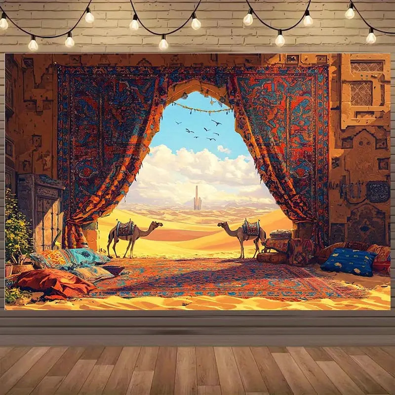 Latar Belakang Pemandangan Gurun Arab, dengan Unta, Permaidani dan Bantal, Latar Belakang Fotografi Poliester Cerah, Sesuai untuk Majlis Keraian, Perayaan dan Perayaan, Sesuai untuk Hari Lahir, Acara Luar, 1pc