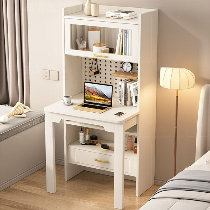 【High Quality】 Folding Desk Bookshelf Integrated Bedroom One-Piece Desk Cabinet Household Study Table Cream Style Solid Wood Desktop Computer Desk