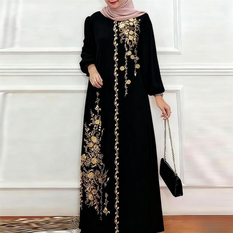 Gaun lengan panjang Muslim 2026 ini menampilkan rekaan labuh, saiz S-5XL, leher bulat, dan potongan langsing yang elegan. Ia sesuai untuk Hari Raya Aidilfitri dan pakaian harian, serta dihiasi dengan corak bunga yang cantik.