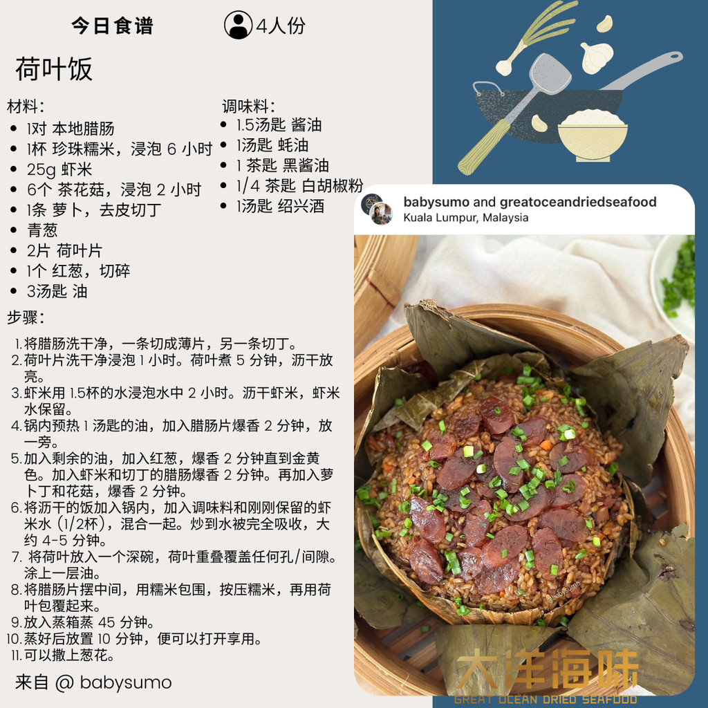 Chinese recipe card for lotus leaf rice｜荷叶饭中文食谱