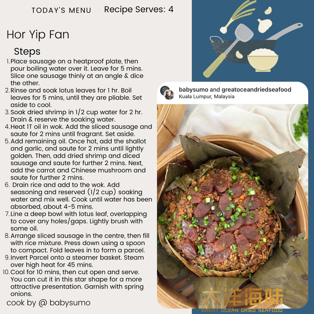 English cooking steps for lotus leaf rice｜荷叶饭烹调步骤英文食谱图