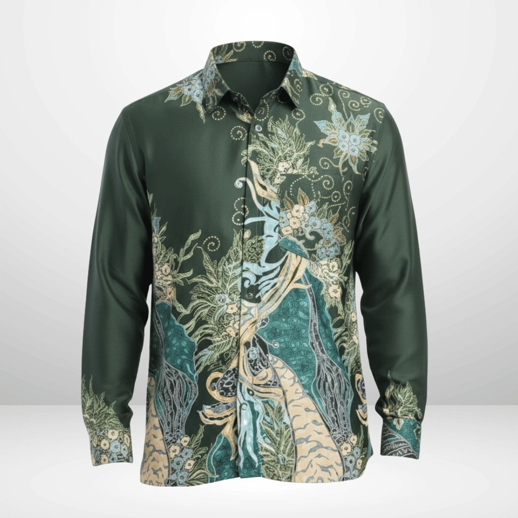 Men's Navy Blue Floral Printed Long Sleeve - Traditional Batik Style Casual Dress Shirt for Wedding, Office & Daily Wear