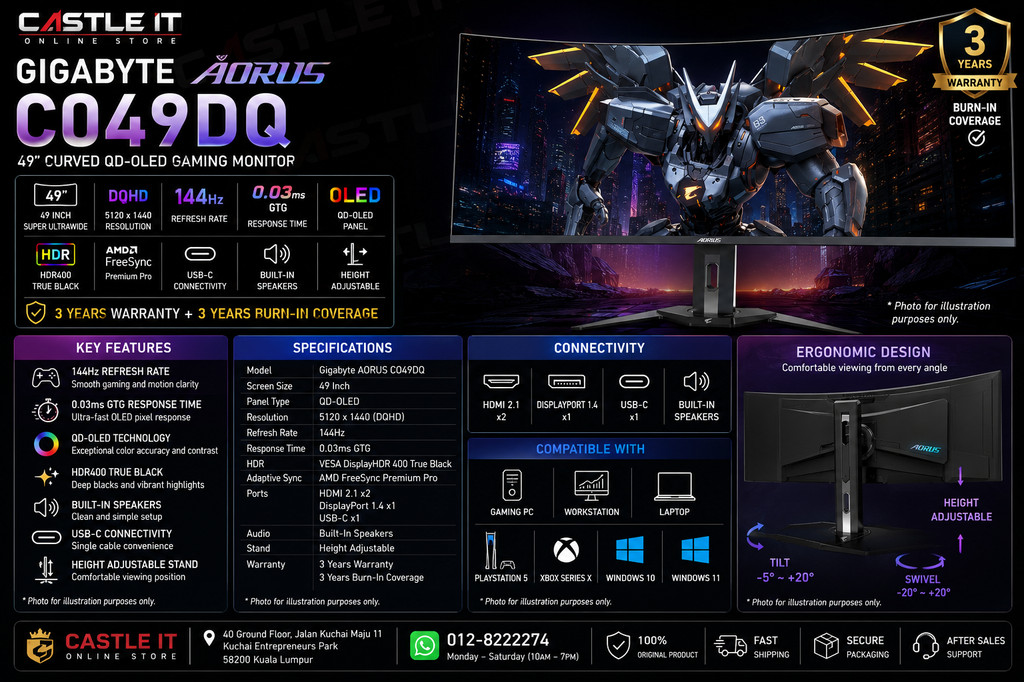 Gigabyte CO49DQ 49 Inch QD OLED DQHD 144Hz Curved Gaming Monitor USB-C ...
