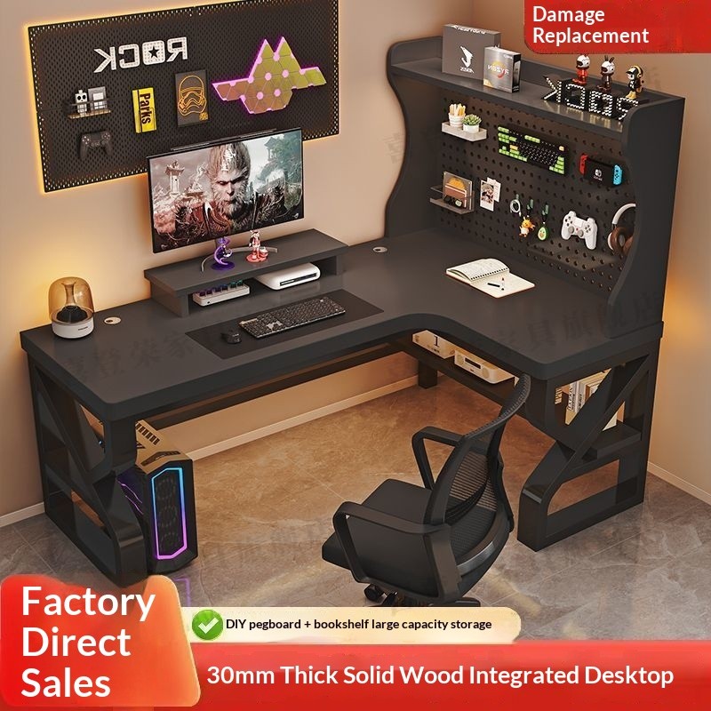 Solid Wood Corner Computer Desk 30CM Home Office L-shaped Desk Gamer Desk with Bookshelf & Cable Hole Integration