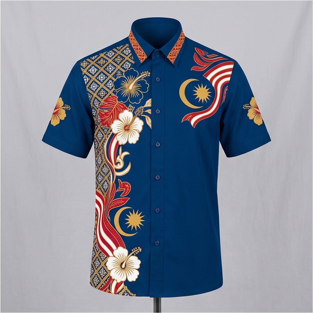 Retro Indonesian Batik Men Tiger & Hibiscus Floral Geometric Print Navy Short Sleeve Button Up Casual Vacation Shirt